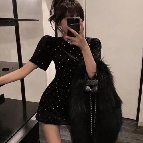 Nomikuma Black Corduroy Dress Women Summer New O Neck Short Sleeve Slim Waist Chic Mini Dresses Casual Vintage Vestidos Mujer