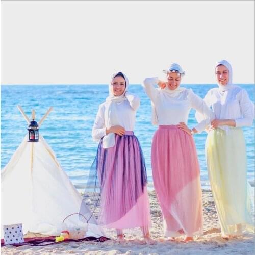 Fake two pieces Rainbow gradient pleated muslim skirt female stretch knit pleated skirt full length muslim skirt F1903 wholesale