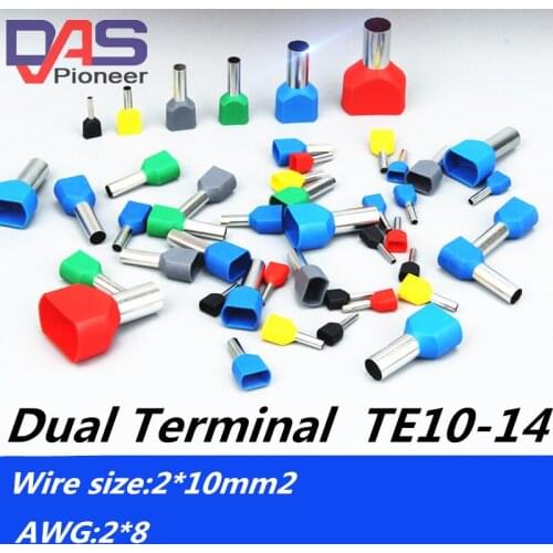 TE10-14 Dual Entry Wire Bootlace Ferrules For 14.0mm Pin Length AWG2 X8 Wire size 2x10mm2
