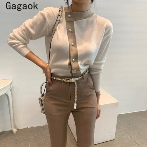 Gagaok Office Lady Korean Retro Knitted Sweaters 2020 Spring Autumn New Patchwork O Neck Slim Chic Wild Simple Pullovers