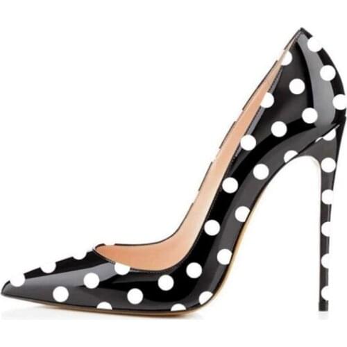 Black and White Polka Dot High Heels Pointy Toe Pumps 12CM Stiletto Heels Patchwork Dress Shoes Celebrity T Stage Banquest