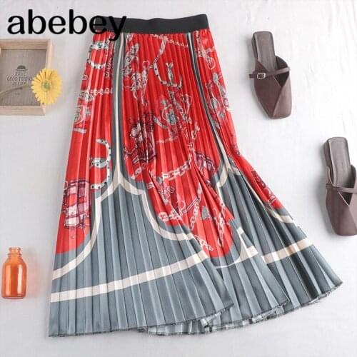 2021 Summer Fashion Brand Print Cartoon Satin Pleated Skirts Womens High Waisted Long Midi Skirt Female Linning Jupe Streetwear
