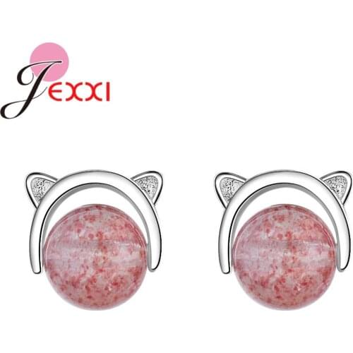 Wholesale Women Girls Cute Cat Ears Jewelry 925 Sterling Silver Stud Earrings With Pink Round Crystal Holiday Gift