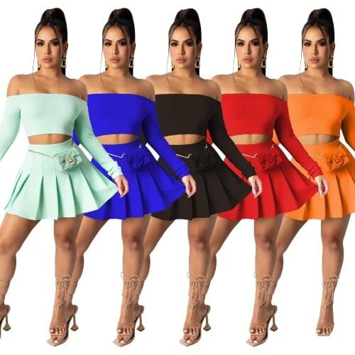 Sexy Pleated 2 Pieces Skirt Sets Women off Shoulder Long Sleeve Crop Top and Mini Skirts Autumn Solid Club Outfit 2021 Clothes