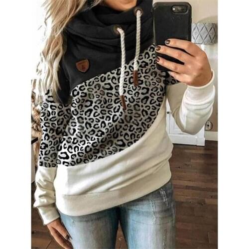 Women Patchwork Hooded Sweatshirt Spring Autumn Leopard Print Harajuku Drawstring Hoodie Casual Long Sleeve Pullover Tops Female