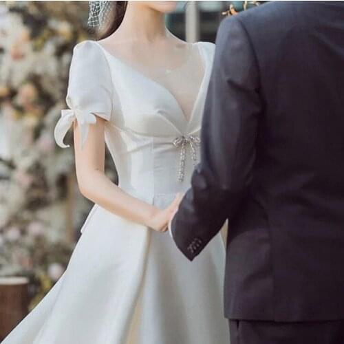 2021 Romantic Wedding Dresses White Satin Illusion O-Neck Sexy Backless Bandage Bow Satin Vestido De Novia Princess Bridal Gowns