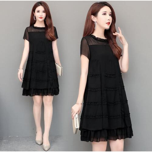 2021 New Fashion Elegant Womens Chiffon Print Dress Female Casual Style Summer Short Sleeve O-Neck Dresses