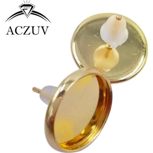 1000pcs 8mm 10mm 12mm 14mm 16mm Gold Color Bezel Stud Earring Blank Cabochon Base Setting Post with Rubber Backs BES017
