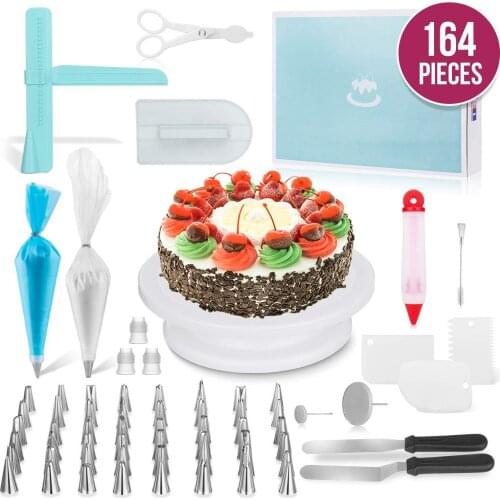 164PCS/Set Useful Cake Turntable Set Pastry Tube Fondant Tool Kitchen Dessert Baking Pastry Tools Cake Decorating Kit Bakeware