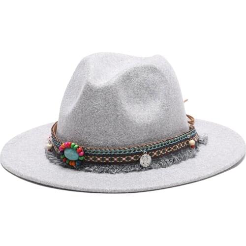 2021 High Quality Fashion Woolen women Felt Jazz Fedora Hats with gem Belt Unisex Wide Brim Panama men hot Party wedding Cap