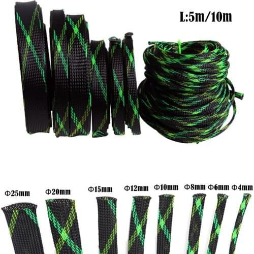 5M Expandable PET Braided Sleeve Black&Green&Yellow Wire Cable Sleeve High Density Sheathing PC Cable Organizer 4-25mm