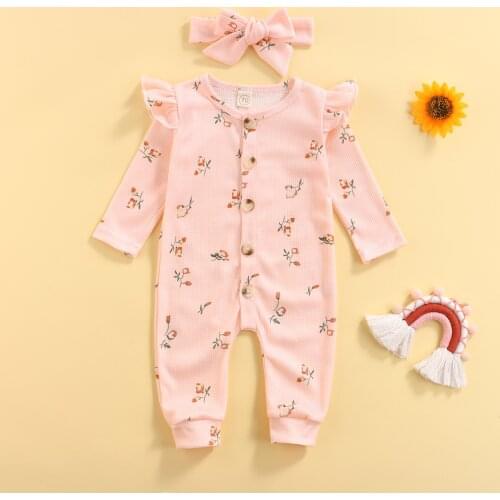 Baby Romper with Headband, Kids Flower Print O-Neck Long Sleeve Jumpsuit+ Hairband for Spring Fall, 3-18 Months Cotton blend