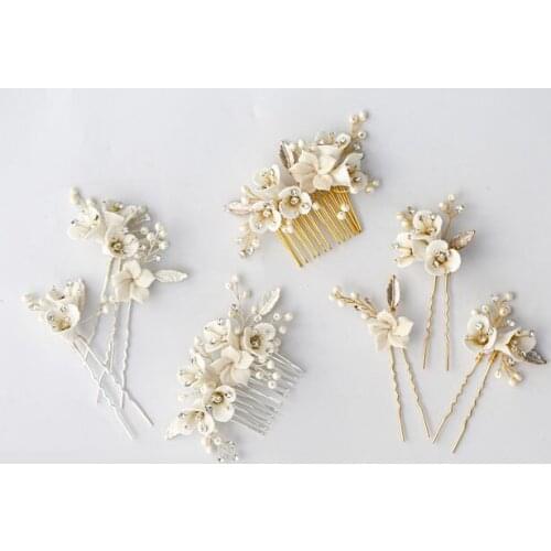 Floralbride Handmade Ceram Flower Rhinestones Pearls Bridal Hair Comb Hair PIn Stickers Wedding Hair Accessories Women Jewelry