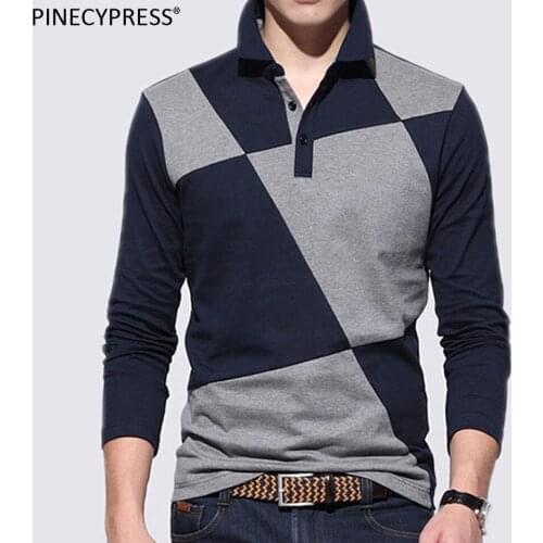 Quality Fashion Cotton Man POLO-shirt Long Sleeve Turn Down Collar Casual Patchwork Male Spring Autumn Grey Blue Men Polo Shirt