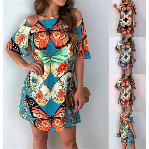 Summer Fashion Printed Butterfly Plus Size Casual Loose Female Sexy Hollow Back Short Sleeve Dress