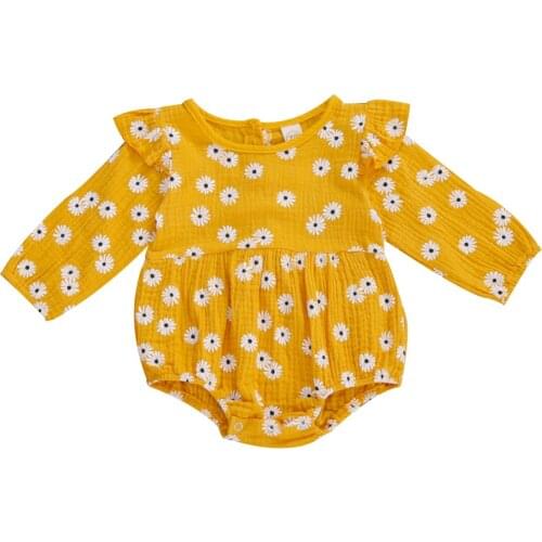 2020 Autumn Baby Girls Outfits Long Sleeve Round Collar Rompers Toddler Daisy Print Ruffle Jumpsuits 0-18M Clothing