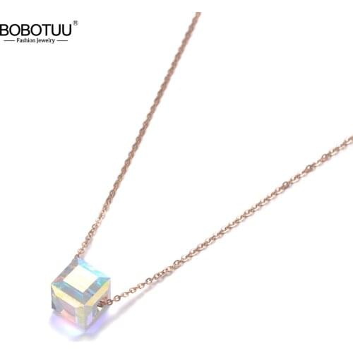 BOBOTUU Trendy Sparkling Square CZ Crystal Pendant Necklaces For Women Rose Gold Titanium Stainless Steel Charm Necklace BN19130