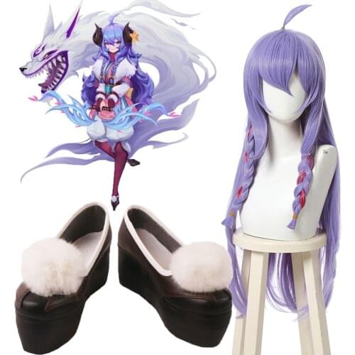 Game LOL Spirit Blossom Kindred Cosplay shoes Wig LoL Cosplay Loose Wave Straight Purple Braided Wigs Hair Halloween Props NEW