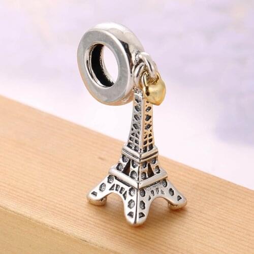 S925 Pendant DIY Jewelry Eiffel Tower Golden Heart Dangle Charm fit Lady Bracelet Bangle Lady Girl Gift