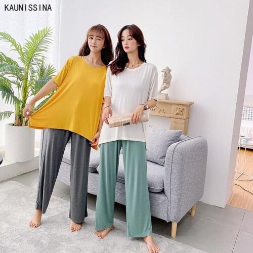 Women Summer Sleepwear Pajamas Set Modal O-Neck Short Sleeve Top Long Pants Autumn Cozy Modal Pajama Loungewear Suit Plus Size