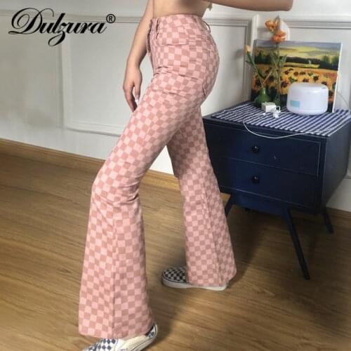 Dulzura Pink Checkboard Plaid Women High Waist Flare Pants Bell Jeans Streetwear 2020 Autumn Winter Clothes Trousers