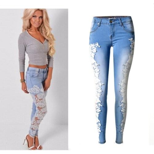 Women Fashion Jeans Denim Skinny Hollow Out Lace Stitching Mid-Waist Tights Sky Blue Pants Stretchable Full Length Sexy jeans