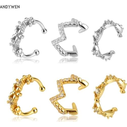 ANDYWEN 925 Sterling Silver European Rock Punk Ear Cuff Non PiercingClips CZ Earcuff Women Crystal Cuff Earrings Jewelry Fashion