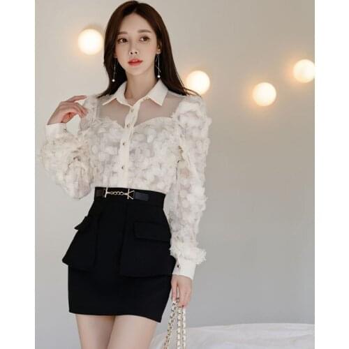 New arrival fashion set women spring OL temperament casual applique sexy perspective shirt and black mini skirt two piece set
