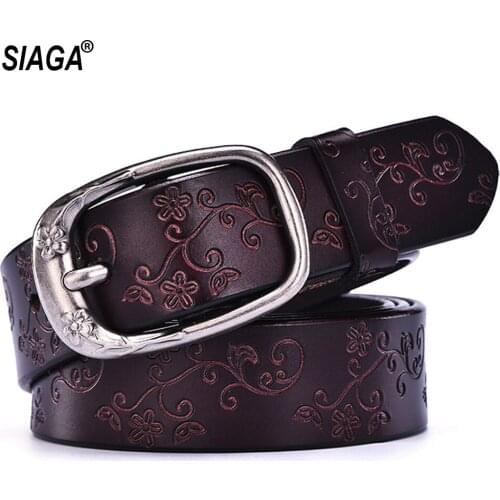 New Brand Name Womens Cowhide Leather Female Pin Buckles Metal Fancy Vintage Belts Floral Pattern Design 2.8cm FCO121