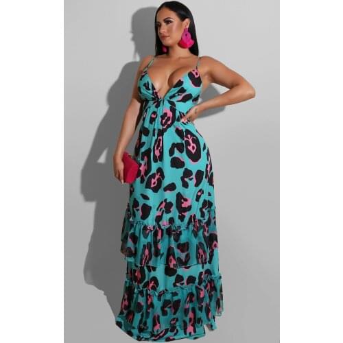 Sexy Leopard Ruffle Dress Women Backless Cross V Neck Floor Length Beach Dress Summer Spaghetti Strap Maxi Fit and Flare Dress
