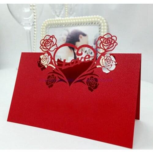 100pcs Laser Cut Red Sweet Love Heart Flowers Place Card Wine Wedding Invitation Decoration Holder Party Table Paper Name Cards