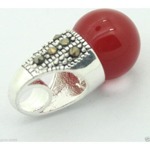 12MM Natural Round Red Natural Stone Marcasite 925 Sterling Silver Necklace Pendant