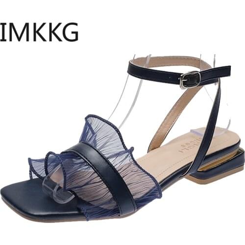 2020 new fashion Women Sandals Open Toe Ankle Strap Women Summer Shoes Square Low Heel Ladies Sandals with Ruffles