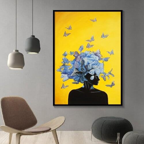 Abstract Girl With Butterfly Canvas Painting Wall Pictures Big Yellow Wall Art for Living Room Hotel Modern Canvas Art And Print