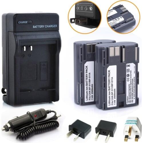 2Pcs 2500mAh BP-511 BP511A Battery +Charger+Car charger+Plug adapter for Canon EOS 40D 300D 5D 20D 30D 50D Camera B9Q