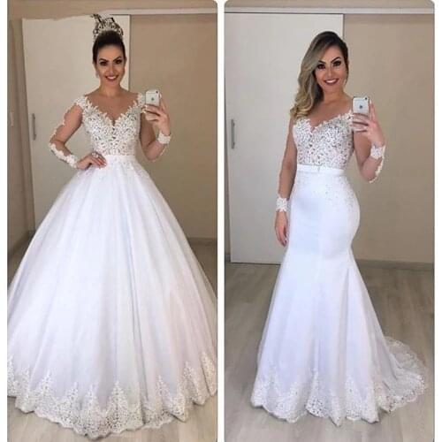 ANGELSBRIDEP Sheer Neck 2 In 1 Mermaid Wedding Dresses Robe de mariee Long Sleeves Lace Design Formal Bride Dress Hot Sale
