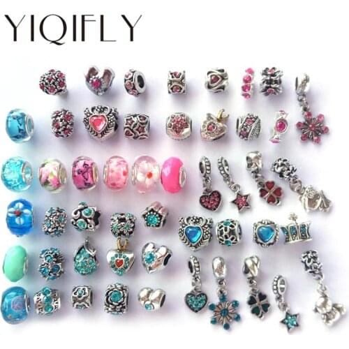 Free shipping 50pcs silver plated alloy big hole rhinestone beads charms fit European bracelet DIY mix pink and lake blue