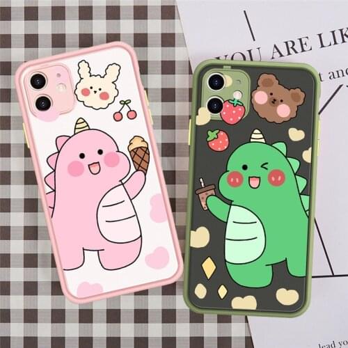 JAMULAR Cute Dinosaur Couple BFF Phone Case For iPhone 11 Pro XS MAX X 7 XR SE2020 8 6Plus Milk Tea Shockproof Cover Matte Coque