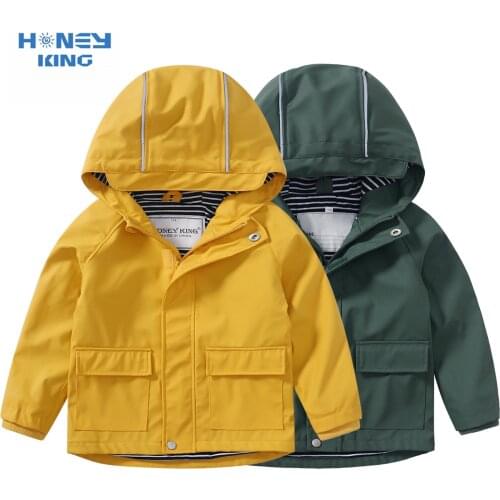 HONEYKING Baby Jackets for Boys Solid PU Leather Hooded Rainwear Children Rain Coats Kids Waterproof Rain Outerwear