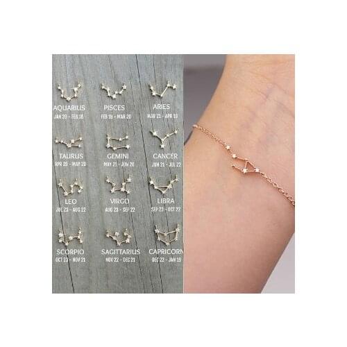 Cardboard Star Zodiac Sign 12 Constellation Necklaces Crystal Charm Gold Chain Bracelet for Women Girls Birthday Jewelry Gift