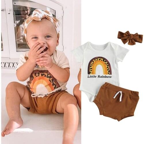Summer Cute Infant Baby Boys Girls Clothes Sets Short Sleeve Rainbow Print Romper Tops Shorts Headband 3pcs