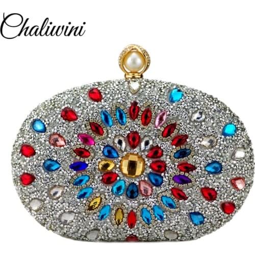 Evening Diamond Colorful Floral Woman Clutch Bag Gold Crystal Handbags Sling Package Wedding Shoulder Matching Bag Wallet Purse