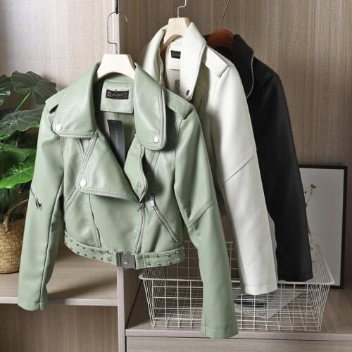 Womens Faux Leather Jacket Rivet Waist Buckle Spring Slim Long sleeve Biker Jacket Streetwear Beige Green Korean Short Coat