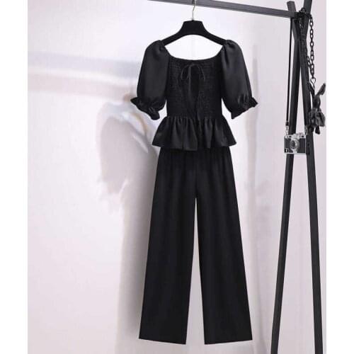Summer Women Home Suit Sweet Two Piece Plus Size Clothing Cute Outfits Solid Color Black New Fashion Set Suit Homewear #9006