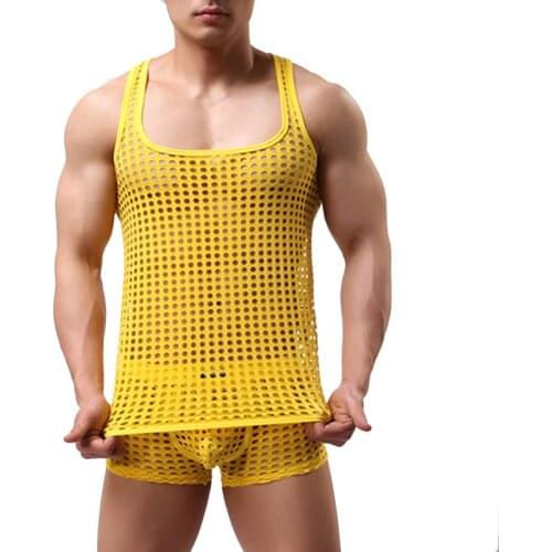 Mens Tank Top Fitness Summer Mesh See-Through Fishnet Crop Gym Tank Tops Sleeveless Muscle Vest Bodybuilding Clothing Tee Shirt
