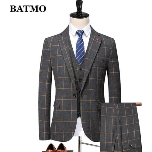 BATMO 2021 new arrival spring plaid casual suits men,mens wedding dress,jackets+pants+vest 2062