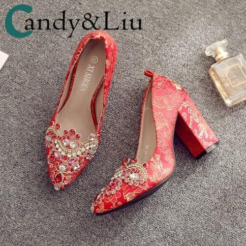 New Crystal Wedding Shoes Womens Chunky Heel Chinese Embroidered Shoes Super High Heel Pointed Shallow Mouth Bridal Small Size
