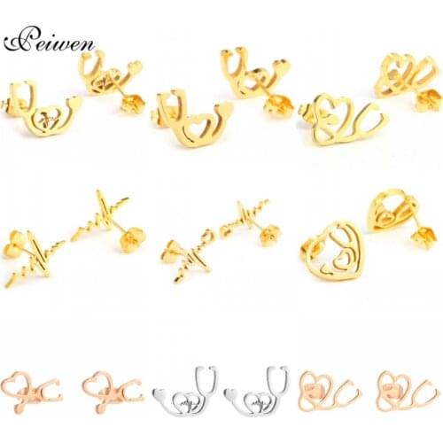 New Stethoscope Heartbeat Stud Earring For Women Gold Silver Color Heart Stainless Steel Earrings Famale Medical Jewelry Gift