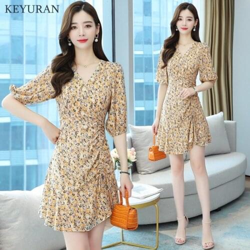 Plus Size Summer Floral Chiffon Midi Dress 2021 Vintage Korean Women Party Maxi Vestidos Casual Sexy V-Neck Boho Beach Sundress