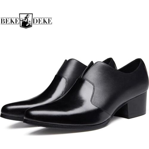 Autumn Black Pointed Toe Leather Shoes Men Business Casual Genuine Leather Slip On Formal Shoes Wedding High Heel Shoes Male